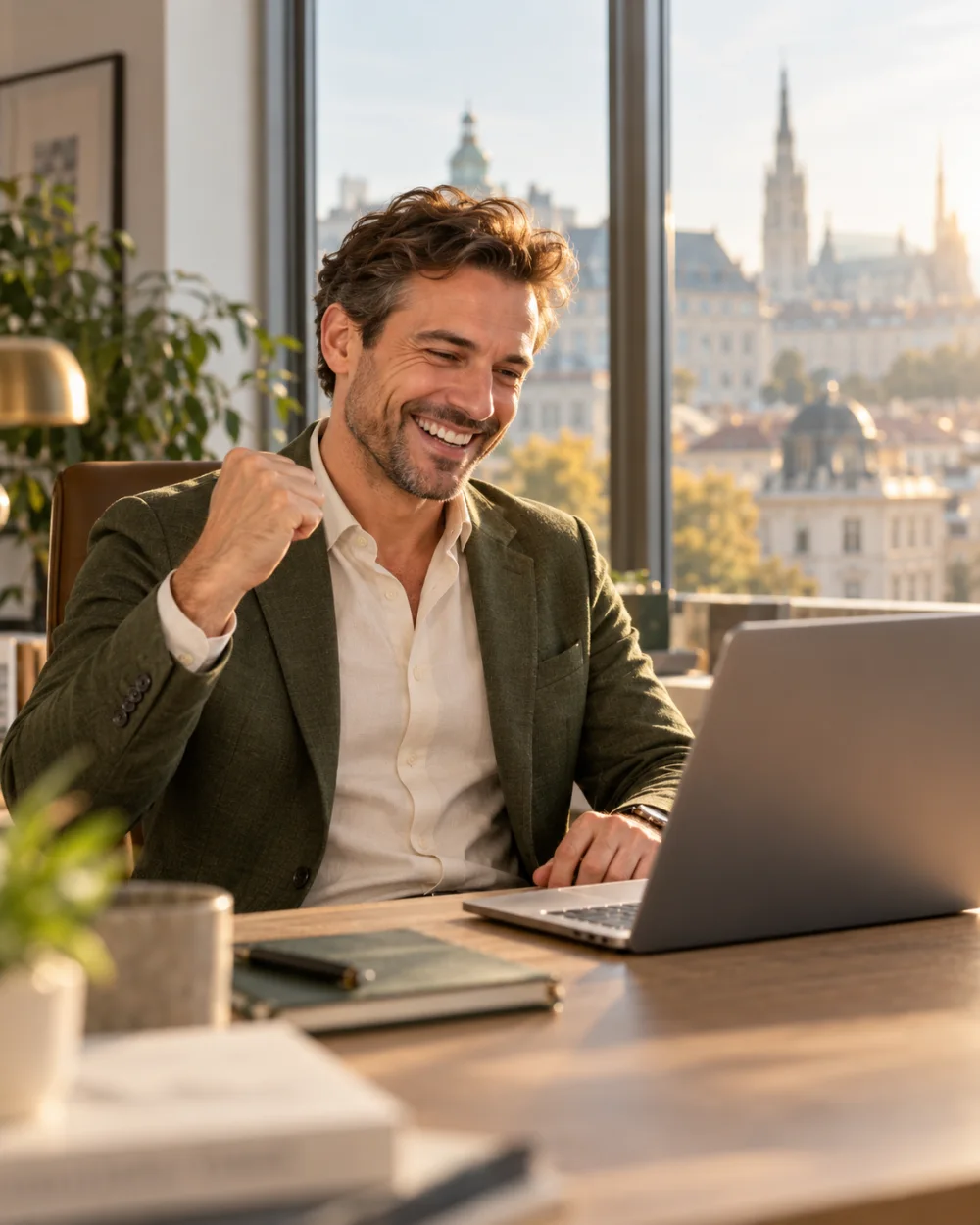 Immagine IA: agente immobiliare felice davanti al laptop